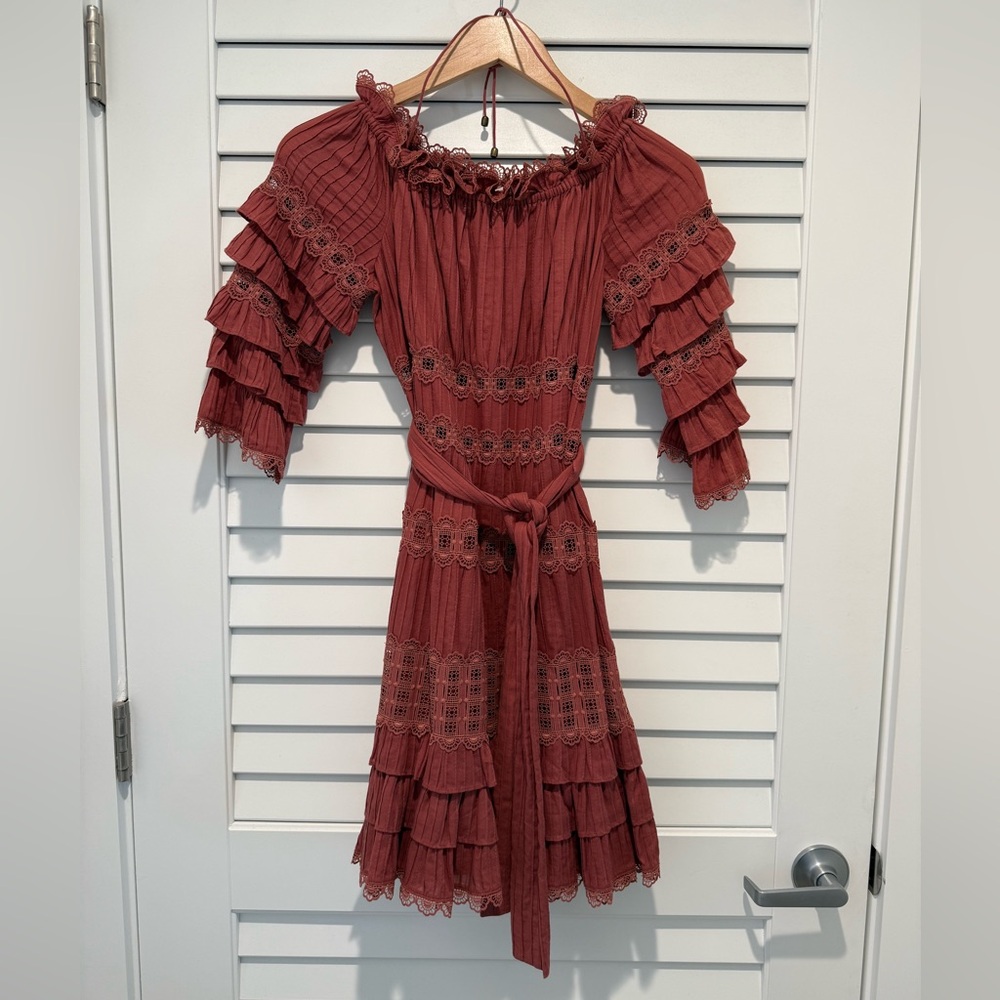 Zimmermann Ruffled Lace Mini Dress in Deep Rust